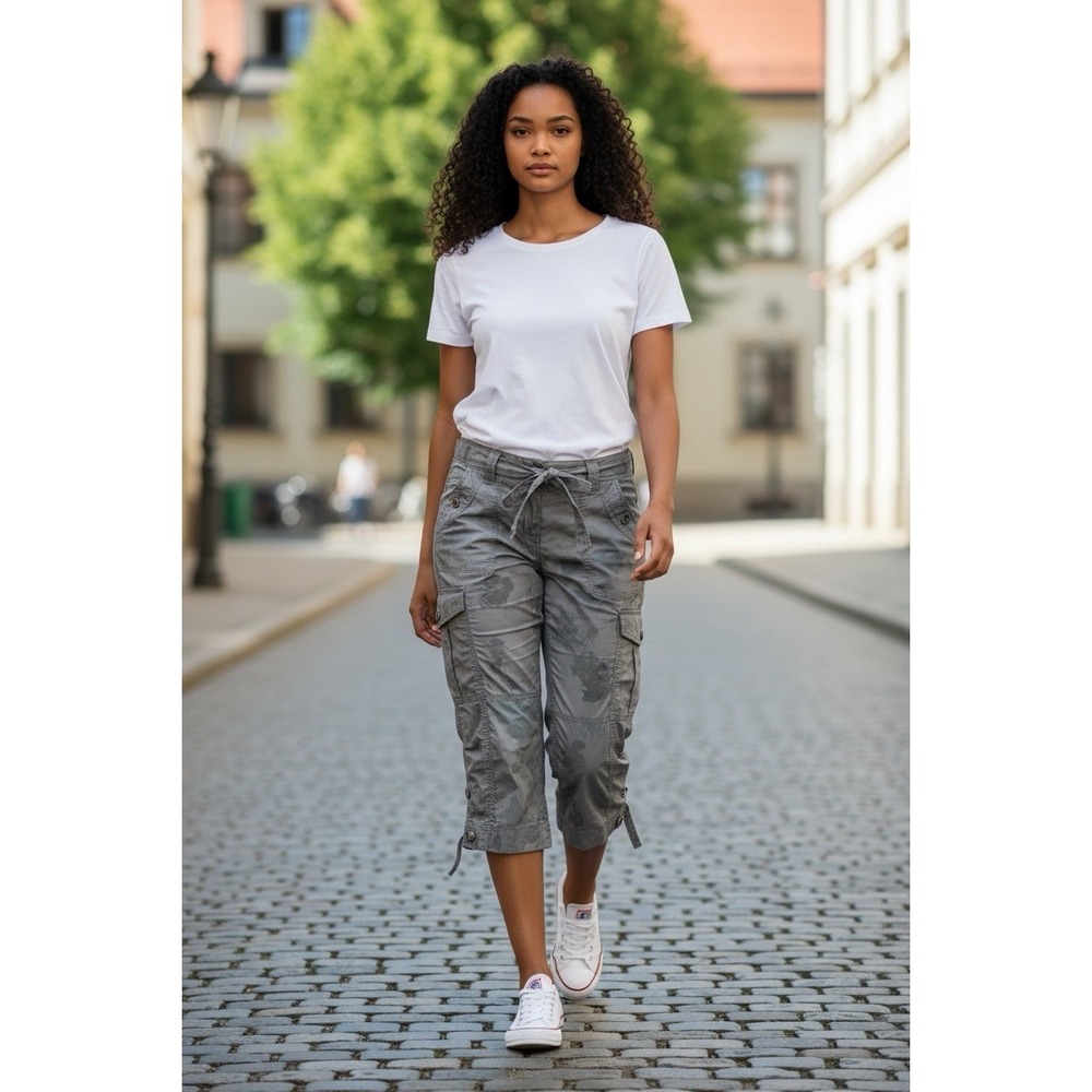 Apt 9 Gray Cargo Capri Pants Size 14 Cotton Utility Drawstring NWT